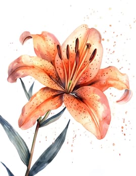 A painting of a terrestrial plant, an orange lily with green leaves on a white background, capturing the beauty of nature through art and watercolor paint