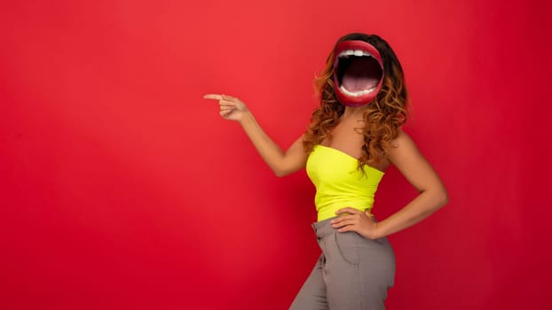 Contemporary art collage. Inspiration, idea, trendy urban magazine style. Composition with young girl headed of female mouth