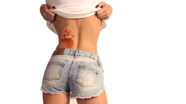 woman body in jeans short with her back with kidney hologram. Kidney disease, stones