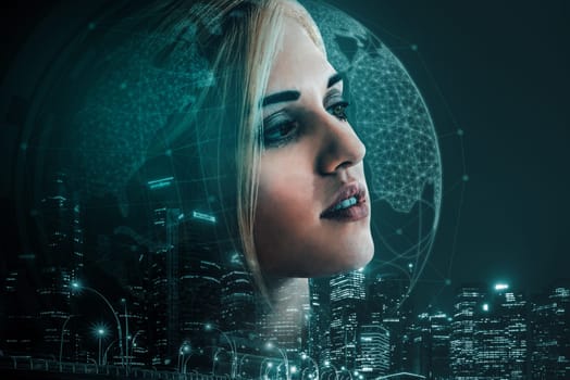Double Exposure Image of Business Person on modern city background. Future business and communication technology concept. Surreal futuristic cityscape and abstract multiple exposure interface. uds