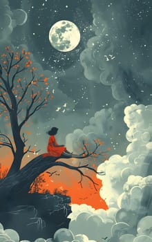 In a serene atmosphere, a woman perches on a tree branch gazing at the moon. The sky is painted with clouds, creating a peaceful and atmospheric painting