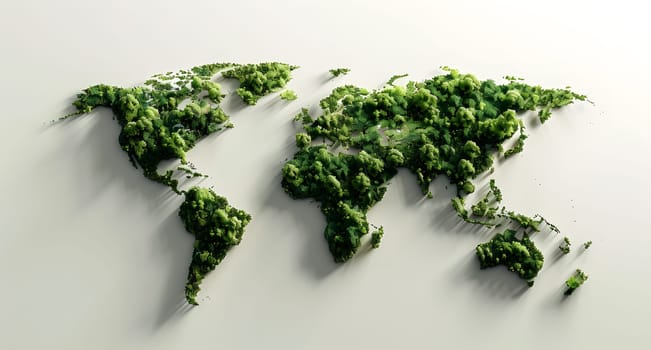 A map of the world depicted using green plants like broccoli, grass, and leafy vegetables on a white background. Showcase of natural ingredients used in cuisine