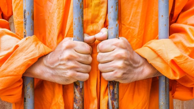 the hands of a male prisoner wearing orange robe grip the prison bars.