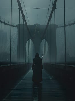 A figure in a trench coat strolls through the fog on a bridge, with the grey sky overhead and the road surface covered in darkness