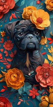 A pug dog, a small dog breed, is depicted surrounded by orange flowers on a blue background in a beautiful piece of art