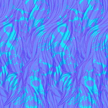 Modern seamless pattern with botanical silhouettes of herbs and flowers and vertical wavy lines reminiscent of the sea. Mix of purple and blue silhouettes for summer beach textiles and surface designs.