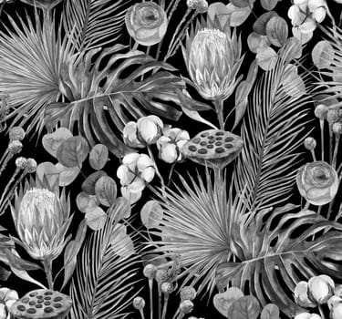 black and white watercolor seamless monochrome pattern with herbarium of dry palm leaves with protea and monstera flower and cotton twigs on a black background for textiles and wallpaper, as well as packaging and surface design