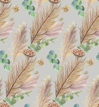 watercolor seamless pattern with dried flowers and dry palm leaves on gray background for textiles and surface design