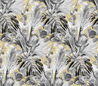 black and white watercolor seamless monochrome pattern with dry palm leaves with protea and monstera flower on yellow background for textile