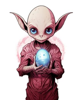 The alien is holding an Easter egg. Template for t-shirt print, sticker, poster, etc. Cartoon sci-fi character