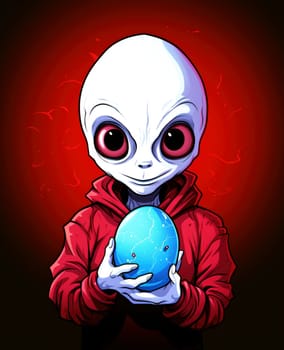 The alien is holding an Easter egg. Template for t-shirt print, sticker, poster, etc. Cartoon sci-fi character