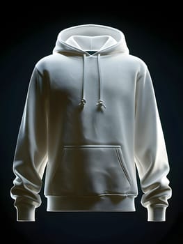 A white hoodie with a hood against a black background, featuring outerwear design with grey sleeves and collar. This fashion accessory adds a touch of electric blue to the formal wear look