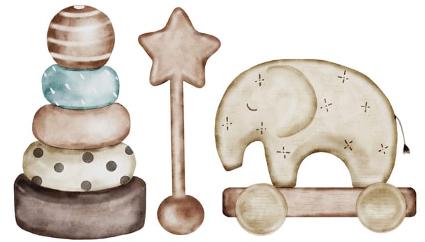 Baby toys wooden. Hand drawn vintage set isolated on white background. Made of wood for children's play. Pyramid, elephant on wheels and rattle. For the design of invitation and educational cards, birthday cards and baby showers. High quality illustration