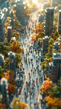 A bustling cityscape filled with skyscrapers and tower blocks, as a large group of people walk down the urban street, creating a vibrant painting of the worlds urban design