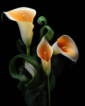 Romantic bouquet of calla lilies in minimalistic style on a dark background