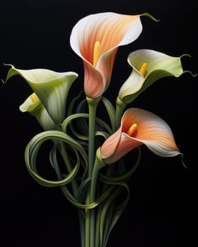 Romantic bouquet of calla lilies in minimalistic style on a dark background