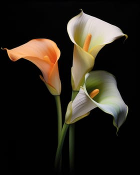 Romantic bouquet of calla lilies in minimalistic style on a dark background