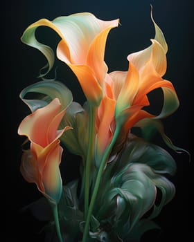 Romantic bouquet of calla lilies in minimalistic style on a dark background