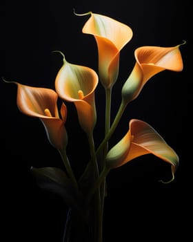 Romantic bouquet of calla lilies in minimalistic style on a dark background