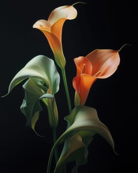 Romantic bouquet of calla lilies in minimalistic style on a dark background