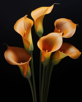 Romantic bouquet of calla lilies in minimalistic style on a dark background