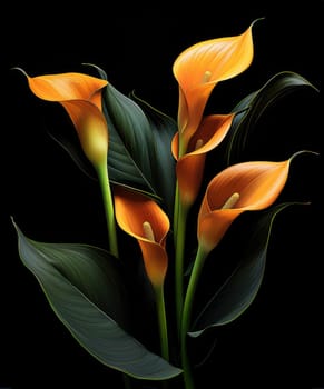 Romantic bouquet of calla lilies in minimalistic style on a dark background