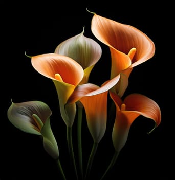 Romantic bouquet of calla lilies in minimalistic style on a dark background