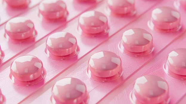 Pink round tablets in blister pack on pink background AI