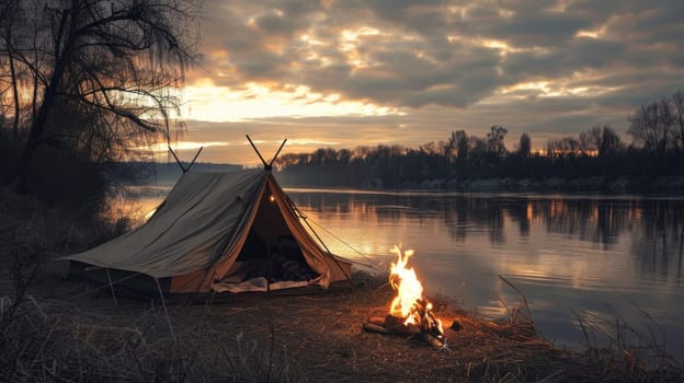 Camping tent in a camping on the river bank. Tent on the river bank with a cozy fire AI