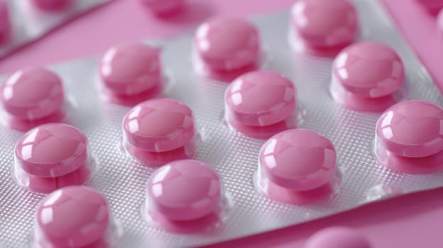 Pink round tablets in blister pack on pink background AI