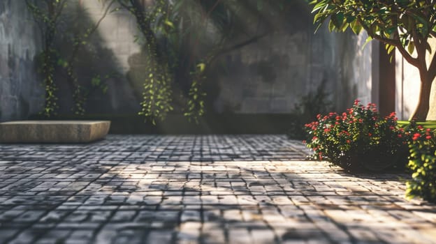 Terrace tiles on garden square in residential area. Texture Background AI