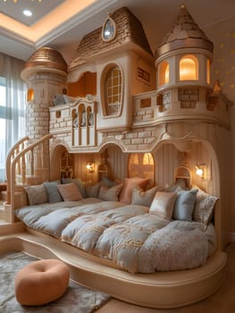A bedroom with a bunk bed designed to look like a castle a unique property with themed furniture, perfect for a childs room in an interior design project