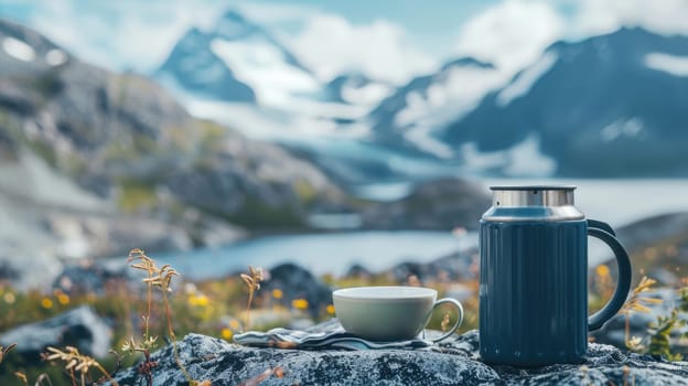 A mug and a thermos for a tourist on a background of mountains AI