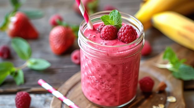 Fruit smoothie with mint leaves on wooden rustic table. Fruit smoothie in a glass jar. Summer vibe AI