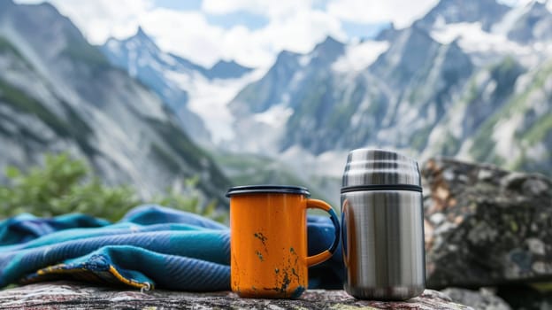 A mug and a thermos for a tourist on a background of mountains AI