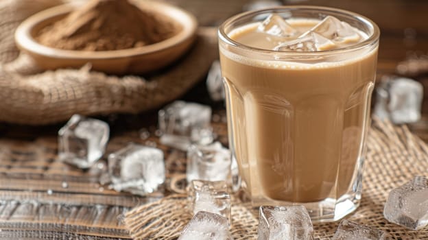 Iced coffee cubes with milk. Glass of cold coffee with ice cubes AI