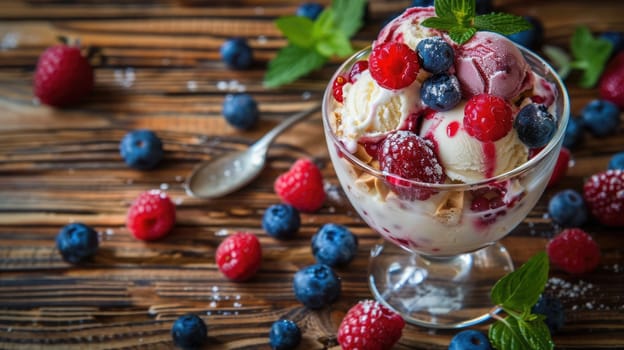 Glass with ice cream and berries on a wooden table AI