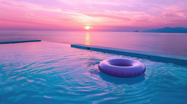 Inflatable ring in the pool overlooking the sunset AI