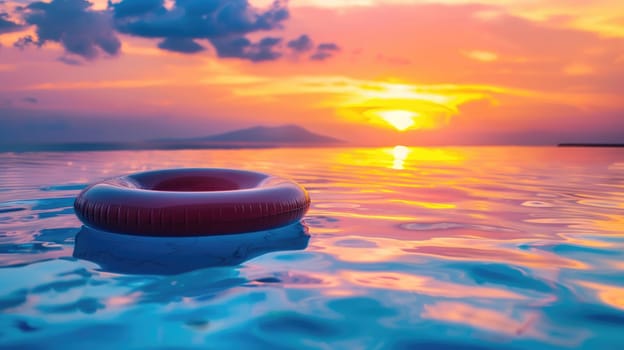 Inflatable ring in the pool overlooking the sunset AI