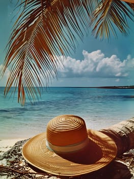A straw hat rests on the sandy beach beneath a towering palm tree, with a clear azure sky and fluffy white clouds in the background, making it a perfect scene to capture in a photograph