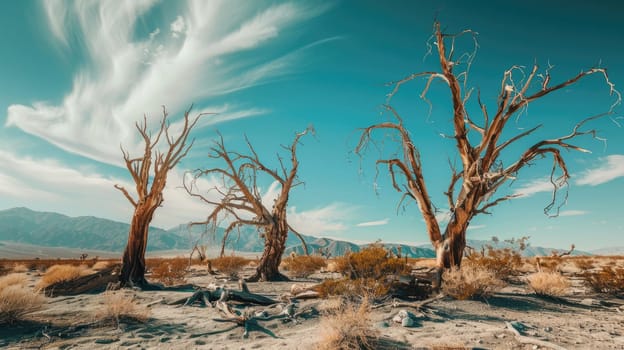 Withered plants and trees in a desert landscape AI