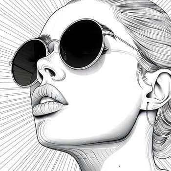 A monochrome illustration of a woman with sunglasses, showcasing her stylish hairstyle, bold eyebrows, and sharp features like her nose and cheekbones