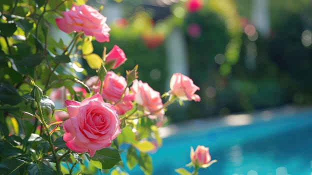 Blooming rose bush on the pool terrace AI