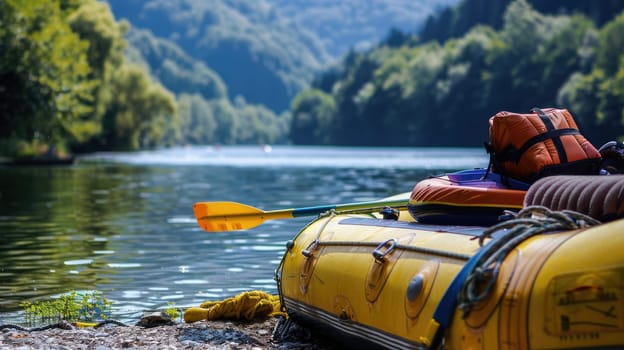 Boat and equipment for rafting instructor. Rafting on a mountain river AI