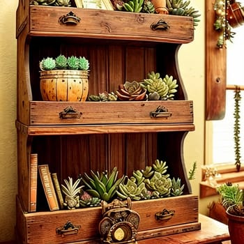 Intricate details of a rustic wooden bookshelf adorned with vintage ornaments and succulents.