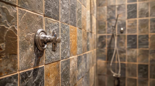 Modern shower with wall tiles. Tile in the shower stall AI