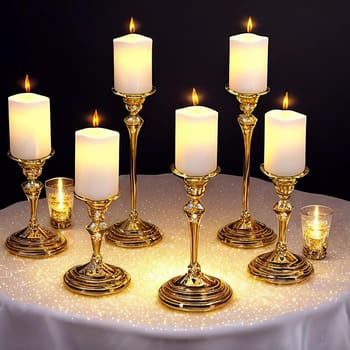 Cluster of decorative glass candle holders reflecting the warm glow of flickering candles. Interplay of light and glass textures to create a captivating image of ambiance and serenity