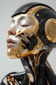A close up of a robots face wearing headphones could be seen. The combination of automotive lighting, sports gear, and personal protective equipment creates a futuristic look