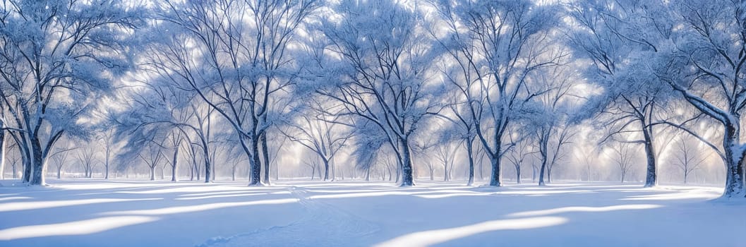 A serene winter landscape, picturesque panorama. Snow-covered landscapes, frost-covered trees, and wintery scenes. Generative