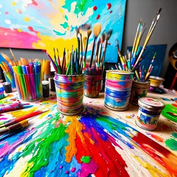 Collection of artistically arranged paintbrushes and tubes of colorful acrylic paints on a messy studio table. Creative chaos and vibrant palette to appeal to art enthusiasts